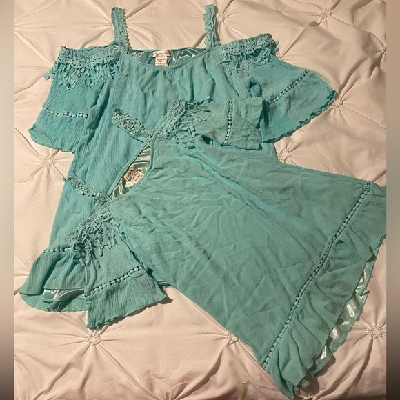 Little Lass Tops - Paisley Sassy Bling Aqua Off-Shoulder Top Mom & Me Set